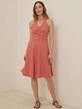 Pact Organic Fit & Flare Gathered Halter Dress Daytripper Stripe Small